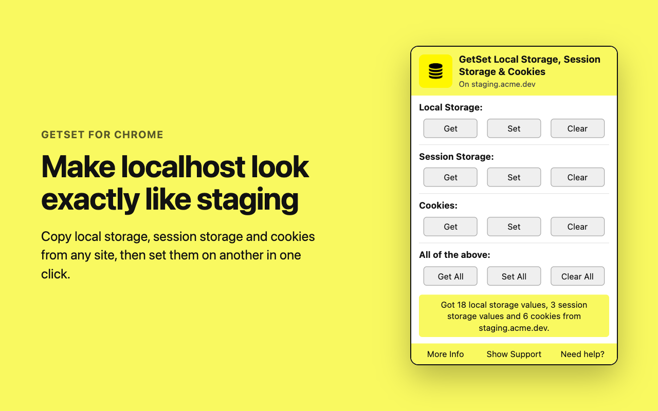 The GetSet popup on a staging site, with Get, Set and Clear buttons for local storage, session storage and cookies, and a result line saying what was copied.